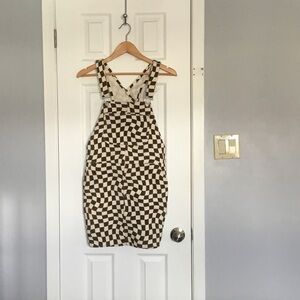 Checkerboard Mini Pinafore Dress in Brown and Cream
